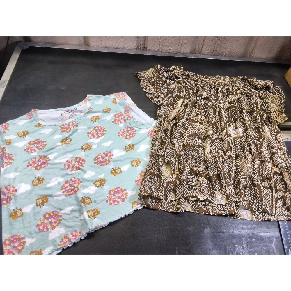 Pixar Up Balloon House Tee 2X & Brown Snakeskin Smocked Ruffle Top Bundle